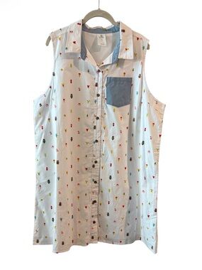 NWOT Disney 2X Button Down Shirt Dress Mickey Icons Ice Cream Plus Size